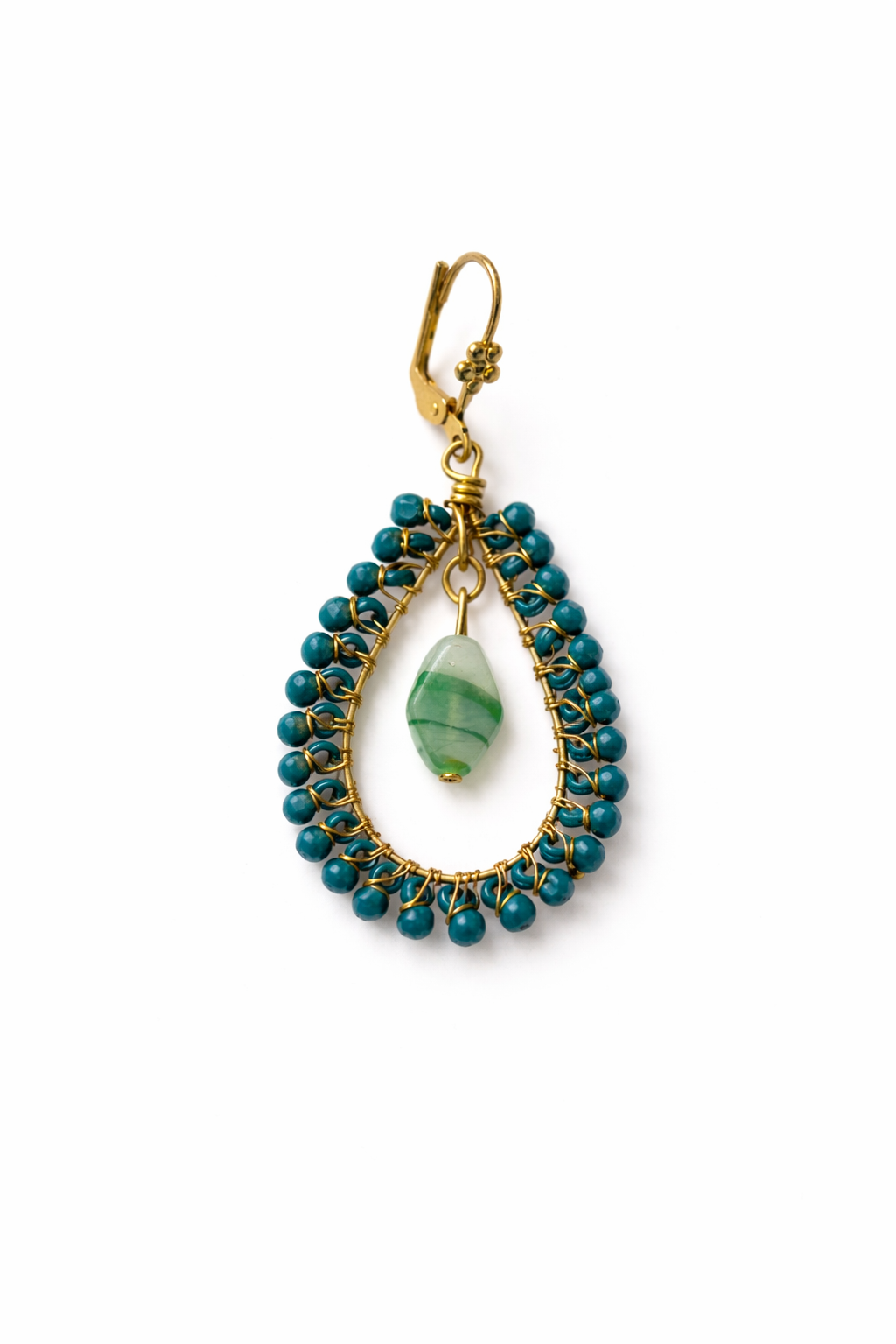 Handcrafted Teal Beaded Hoop Earrings with Green Stone Drop