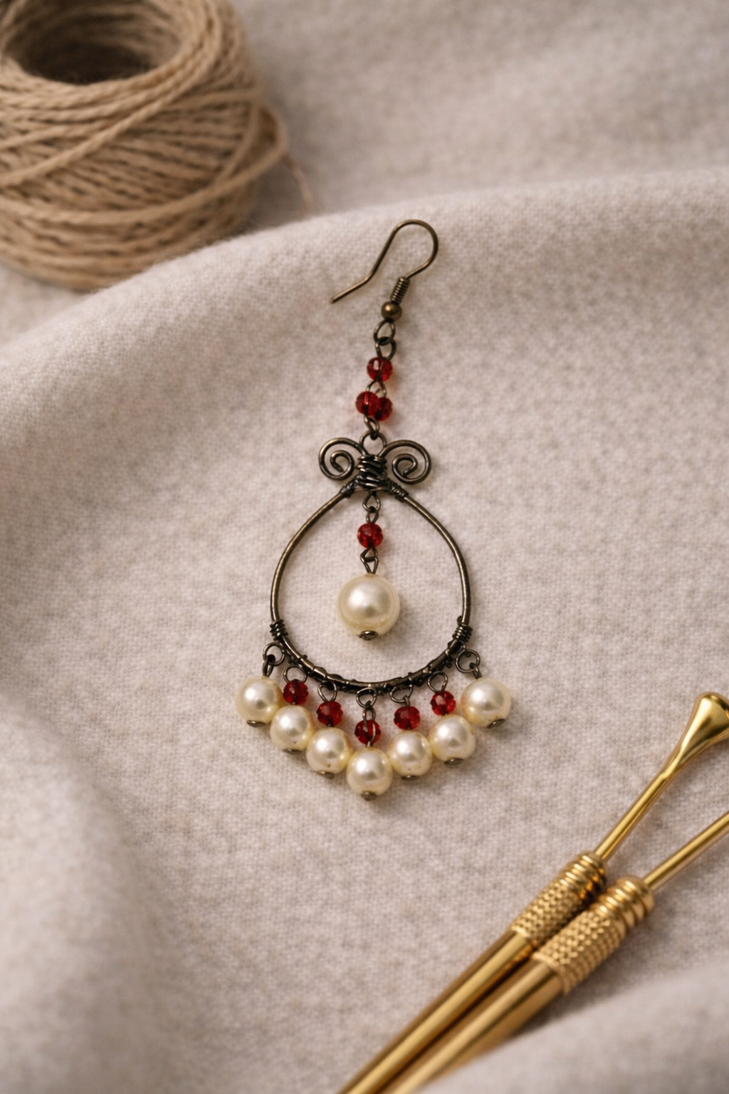 Handcrafted Pearl & Red Beaded Hoop Drop Earrings