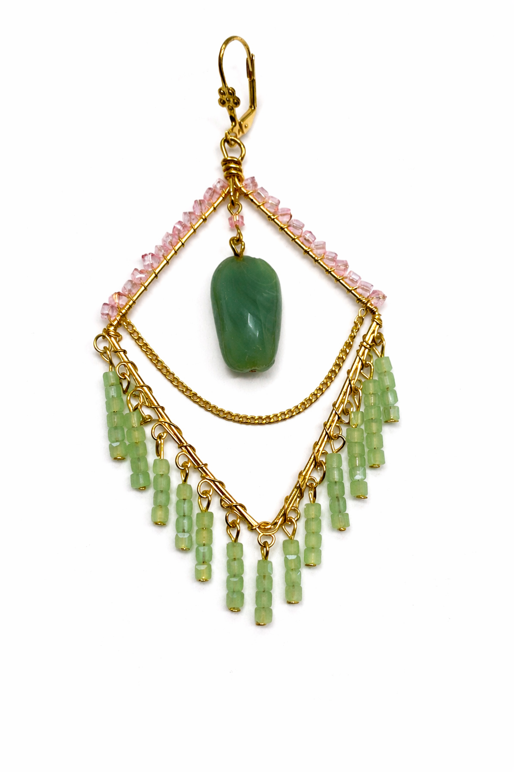 Handcrafted Green Stone Layered Drop Earrings