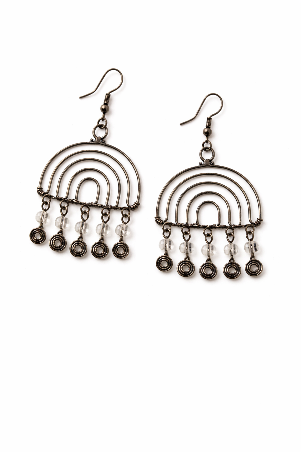 Layered Arc Handcrafted Earrings with Clear Bead & Coil Drops