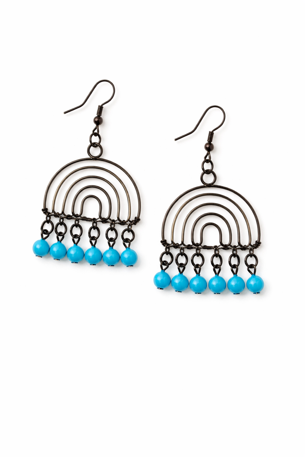 Handcrafted Arc Drop Earrings with Blue Bead Accents