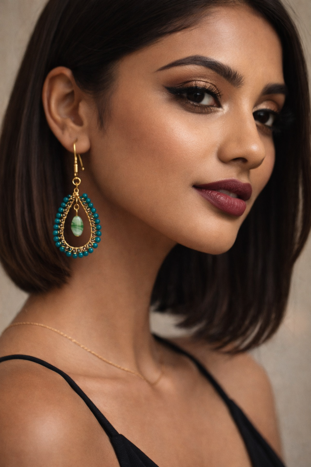 Handcrafted Teal Beaded Hoop Earrings with Green Stone Drop