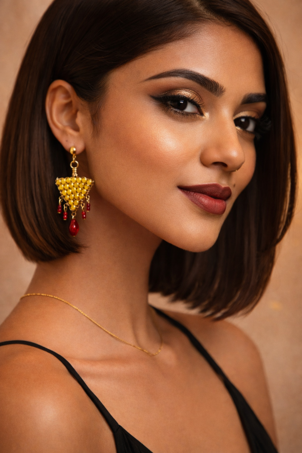 Handcrafted Yellow Beaded Triangle Earrings with Red Drops