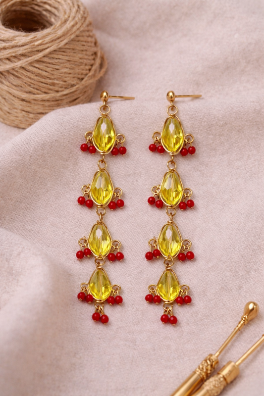 Handcrafted Yellow Crystal Drop Earrings with Red Accents