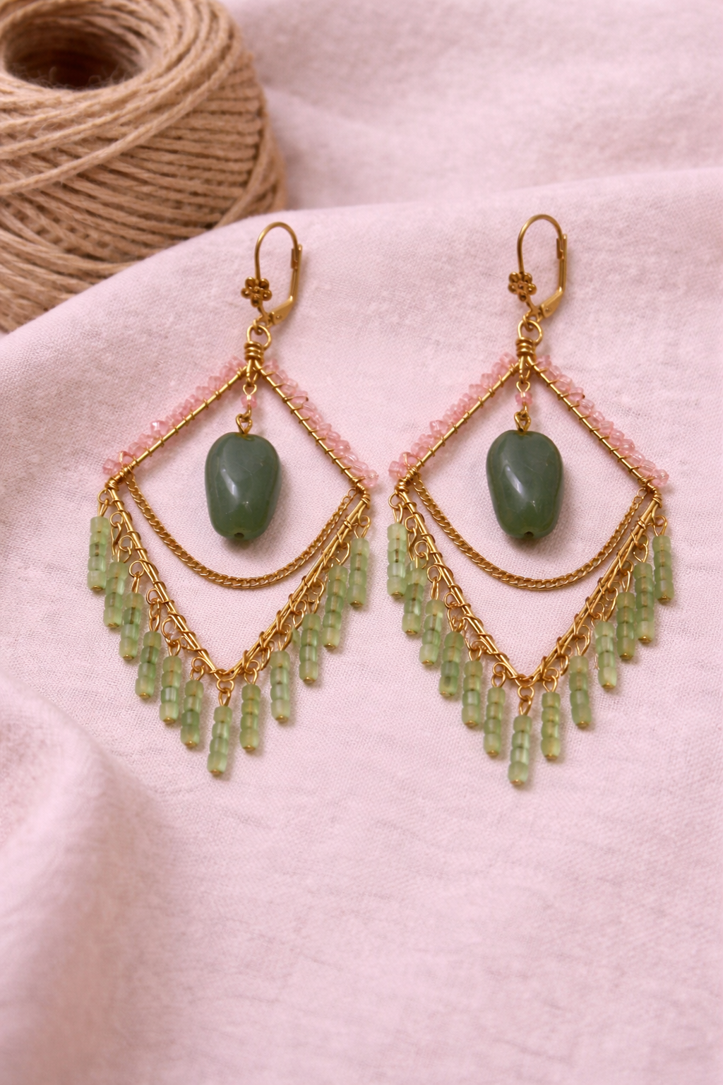 Handcrafted Green Stone Layered Drop Earrings