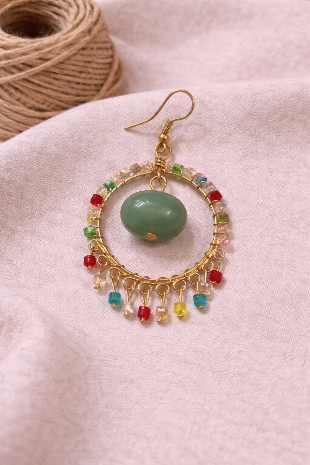Handcrafted Multicolour Beaded Hoop Earrings with Green Stone