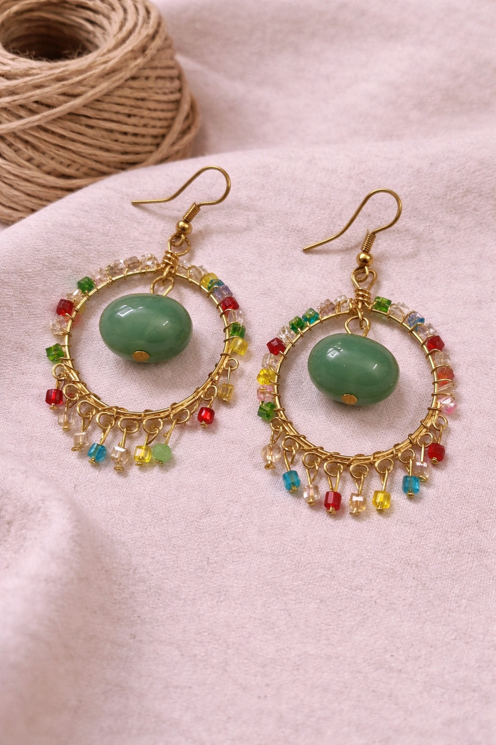 Handcrafted Multicolour Beaded Hoop Earrings with Green Stone