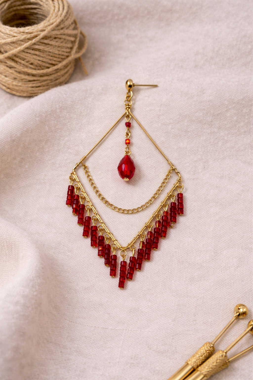 Handcrafted Red Beaded Layered Drop Earrings