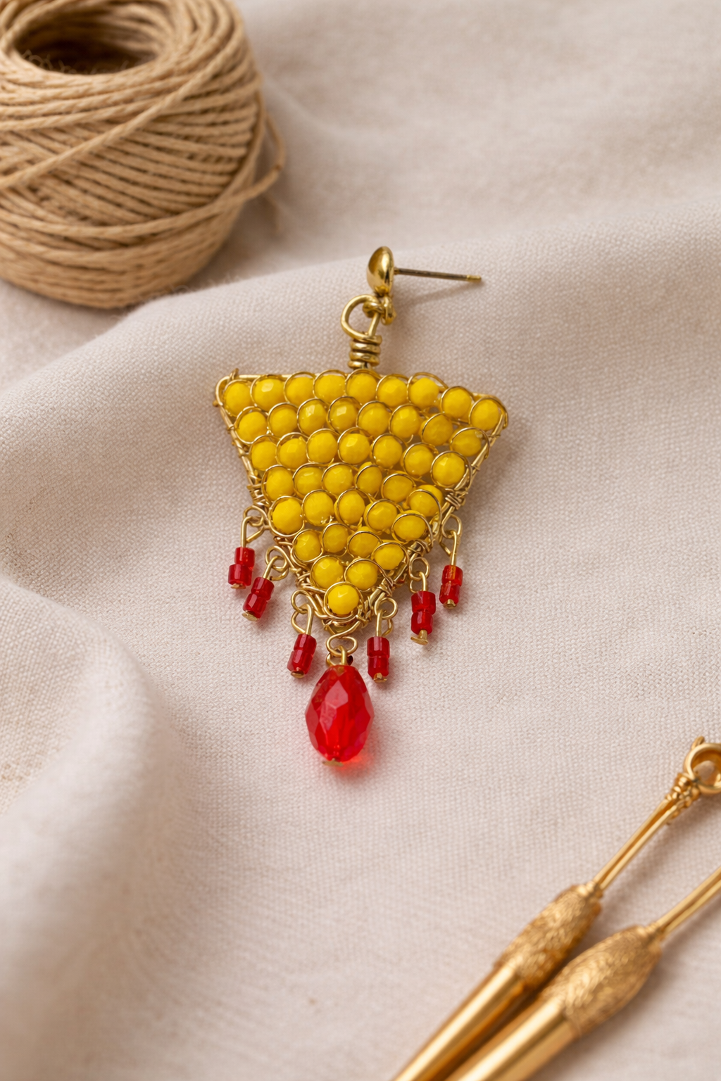 Handcrafted Yellow Beaded Triangle Earrings with Red Drops