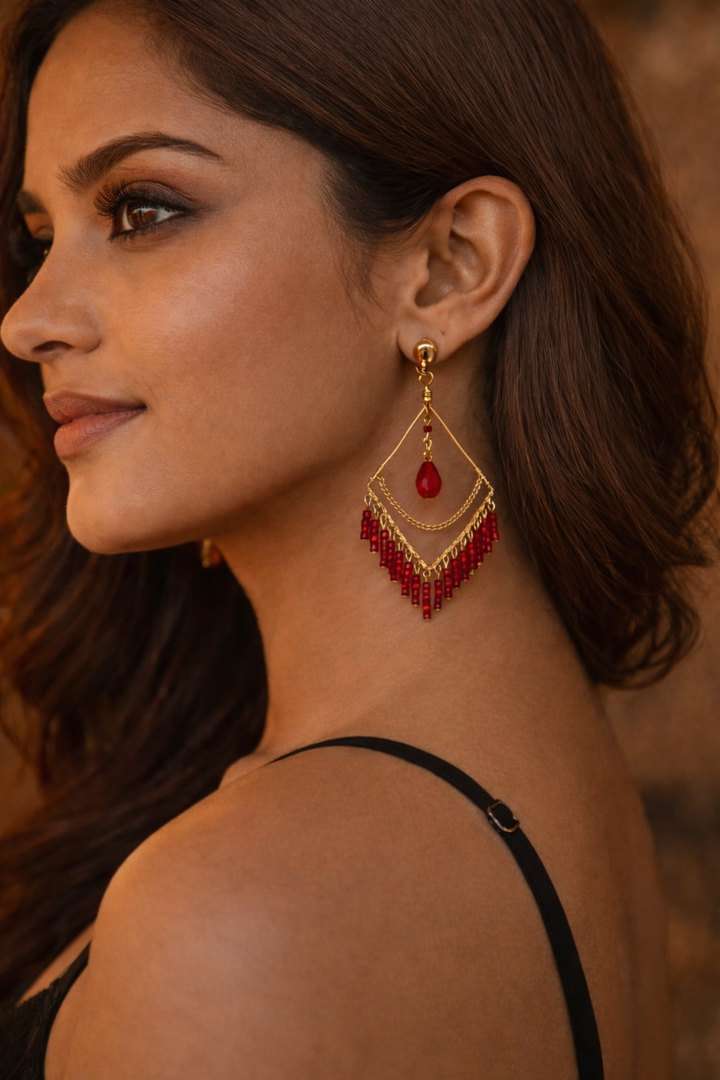 Handcrafted Red Beaded Layered Drop Earrings