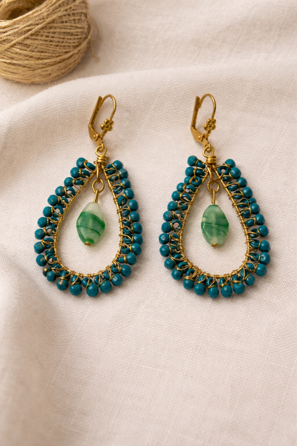 Handcrafted Teal Beaded Hoop Earrings with Green Stone Drop