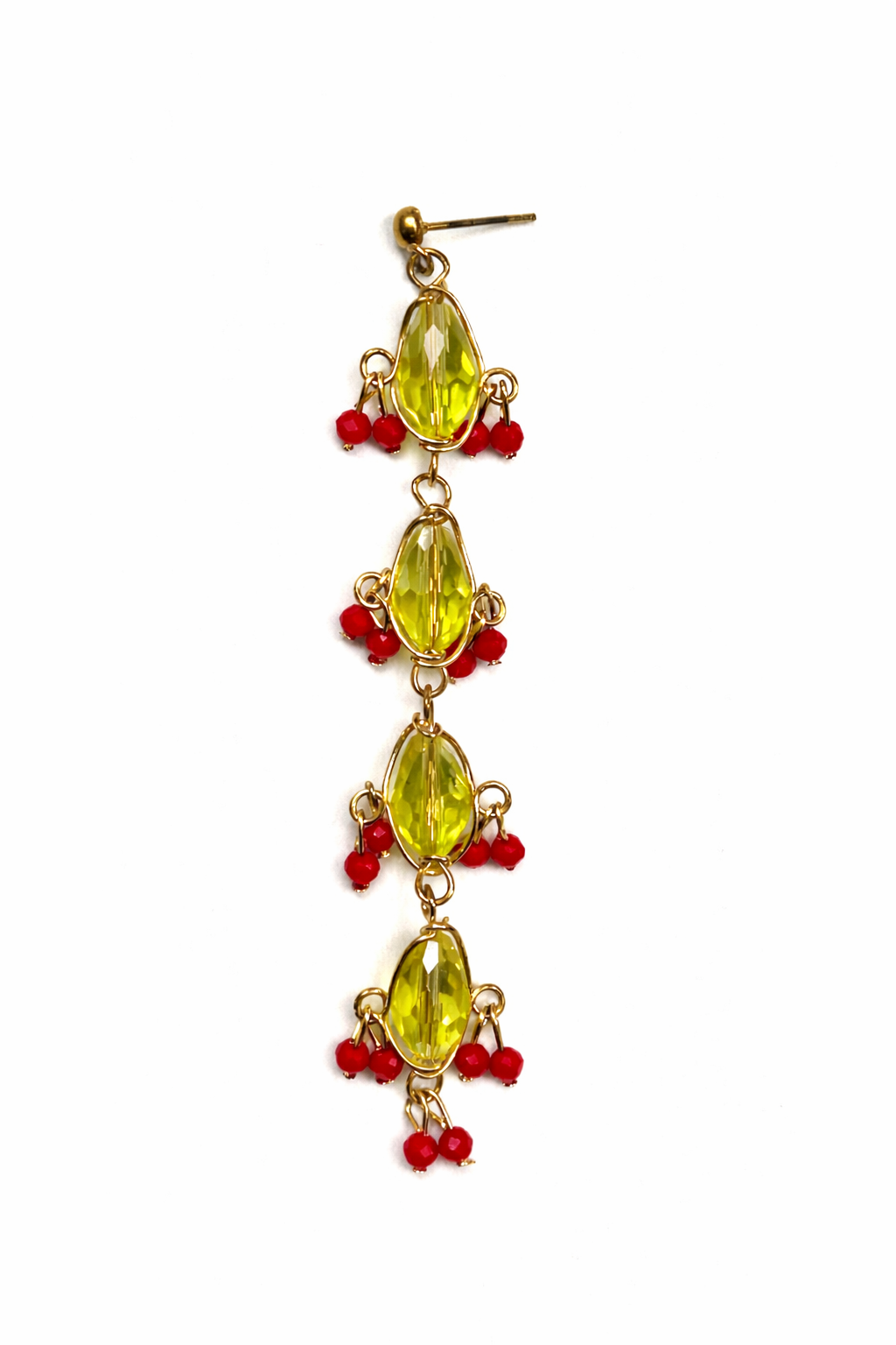 Handcrafted Yellow Crystal Drop Earrings with Red Accents