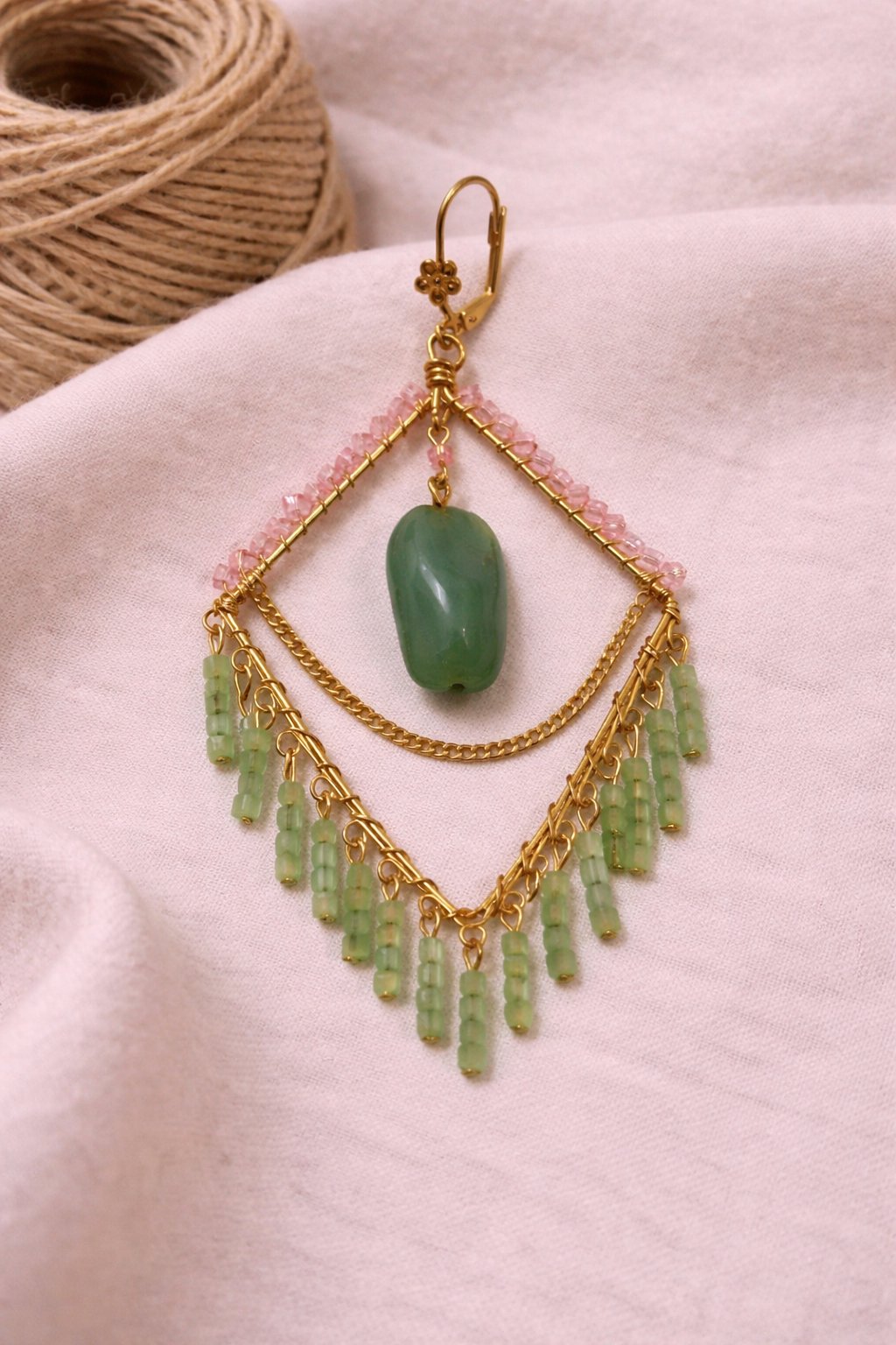 Handcrafted Green Stone Layered Drop Earrings