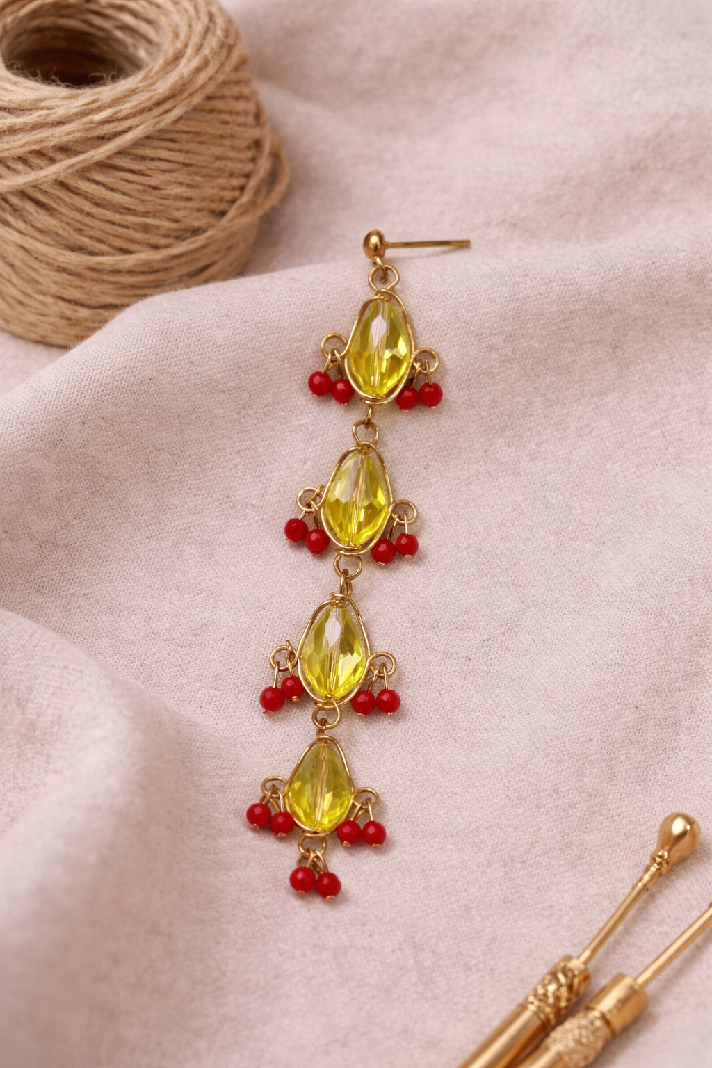 Handcrafted Yellow Crystal Drop Earrings with Red Accents
