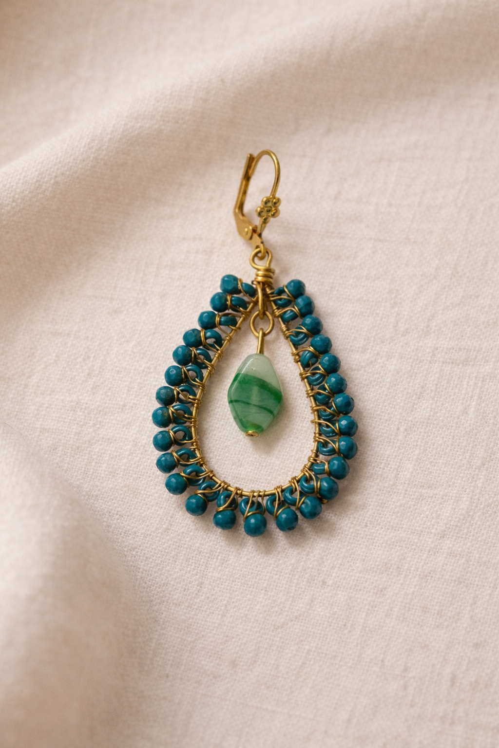 Handcrafted Teal Beaded Hoop Earrings with Green Stone Drop