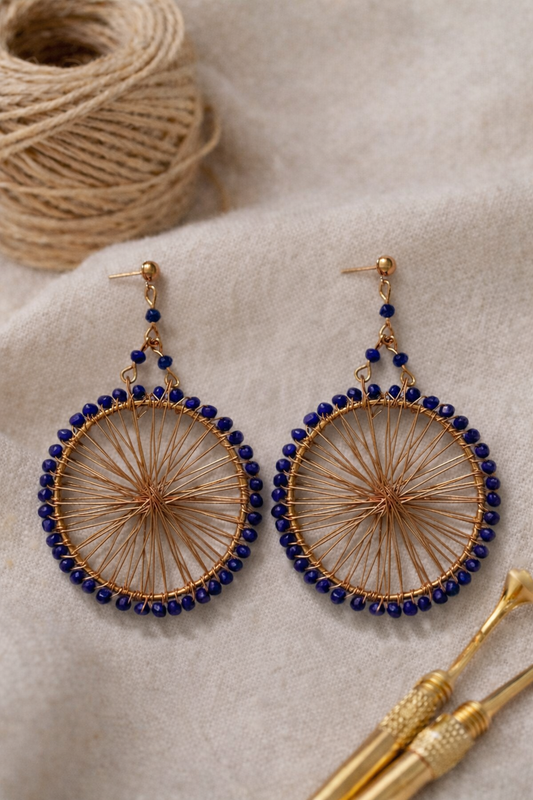 Handcrafted Blue Beaded Circular Wire Earrings