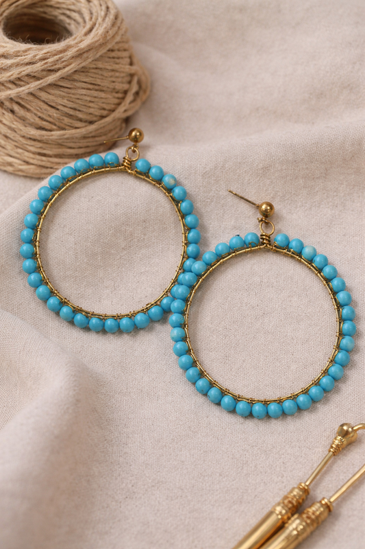 Handcrafted Blue Beaded Hoop Earrings