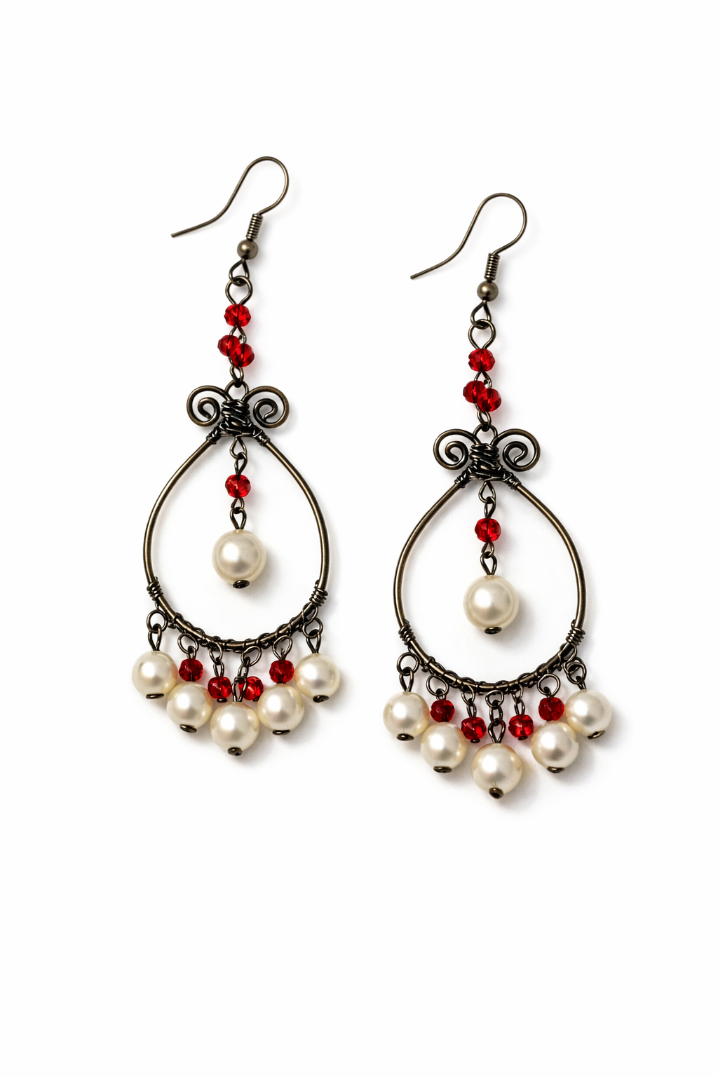 Handcrafted Pearl & Red Beaded Hoop Drop Earrings