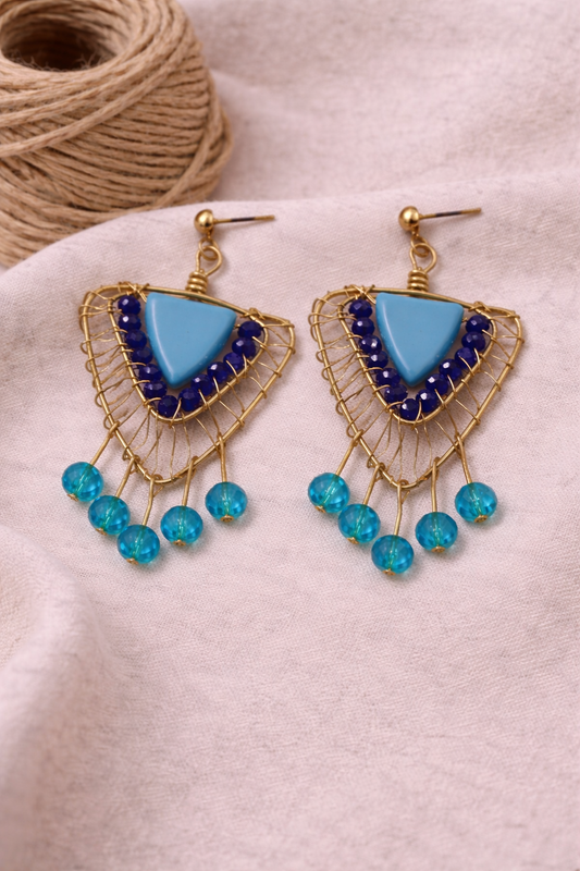 Handcrafted Blue Stone Triangle Drop Earrings