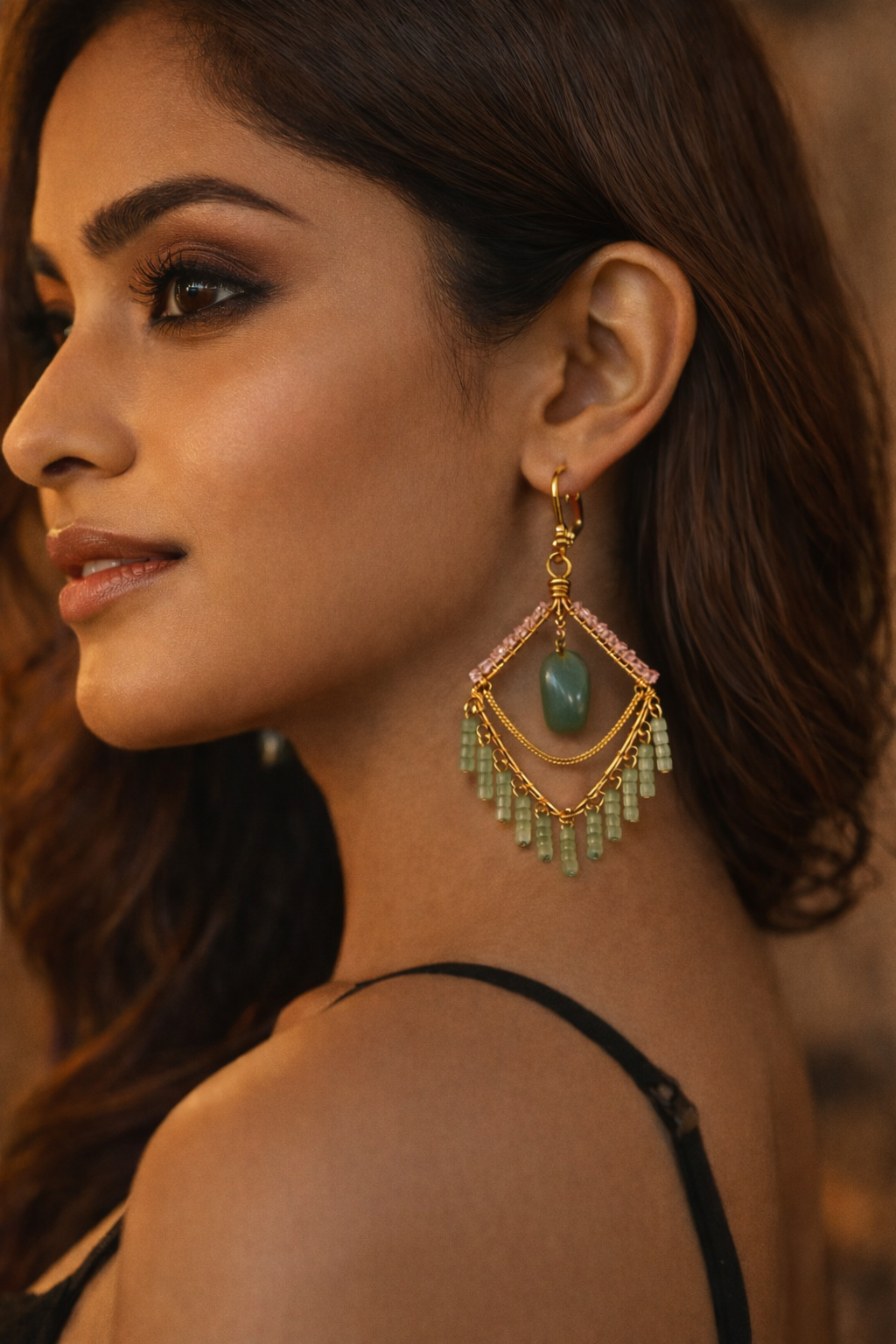 Handcrafted Green Stone Layered Drop Earrings