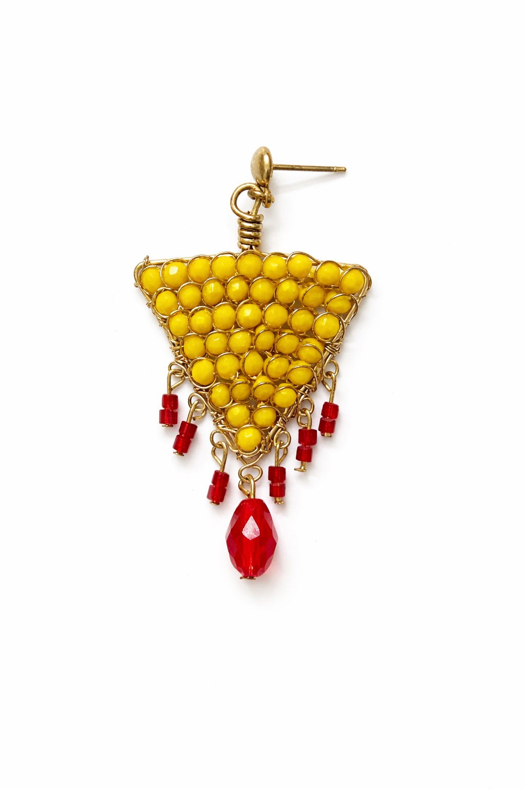 Handcrafted Yellow Beaded Triangle Earrings with Red Drops