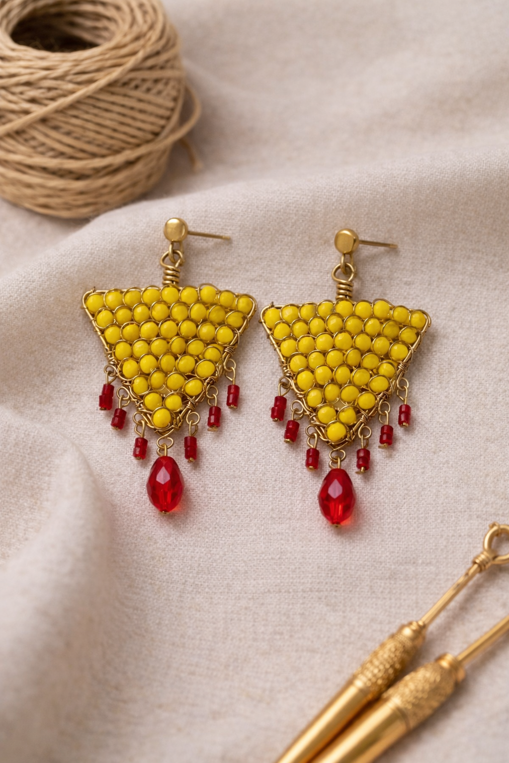 Handcrafted Yellow Beaded Triangle Earrings with Red Drops