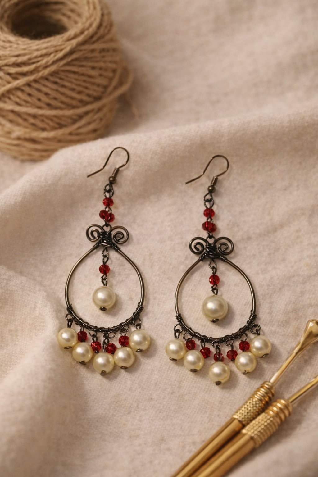Handcrafted Pearl & Red Beaded Hoop Drop Earrings