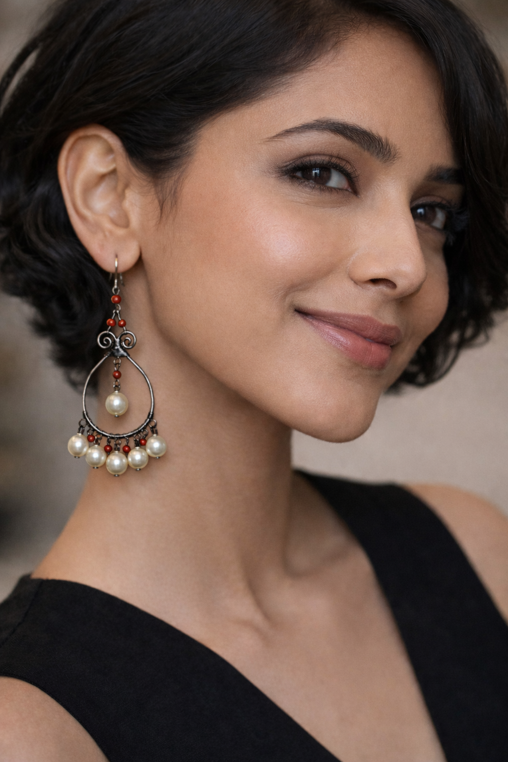 Handcrafted Pearl & Red Beaded Hoop Drop Earrings