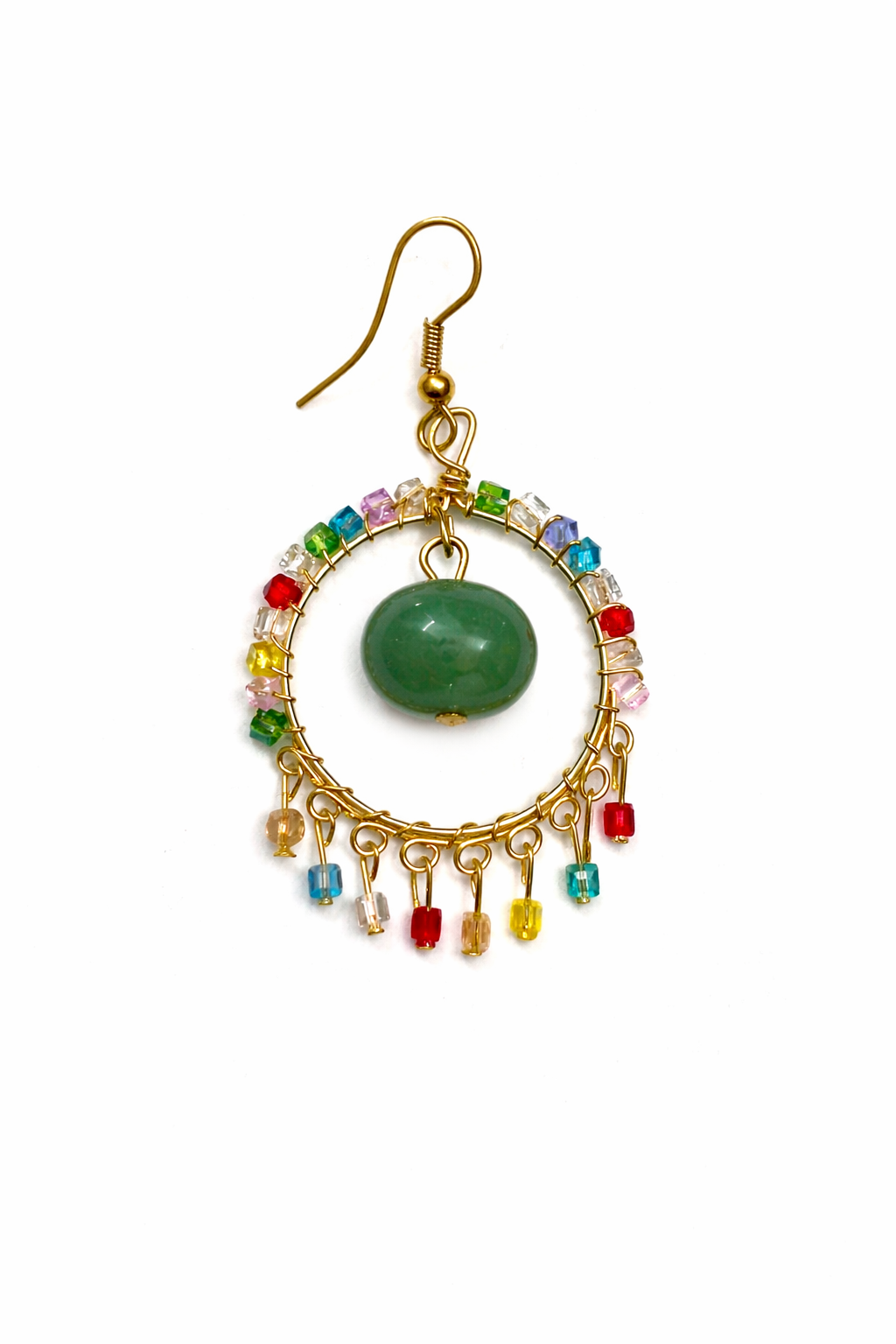 Handcrafted Multicolour Beaded Hoop Earrings with Green Stone