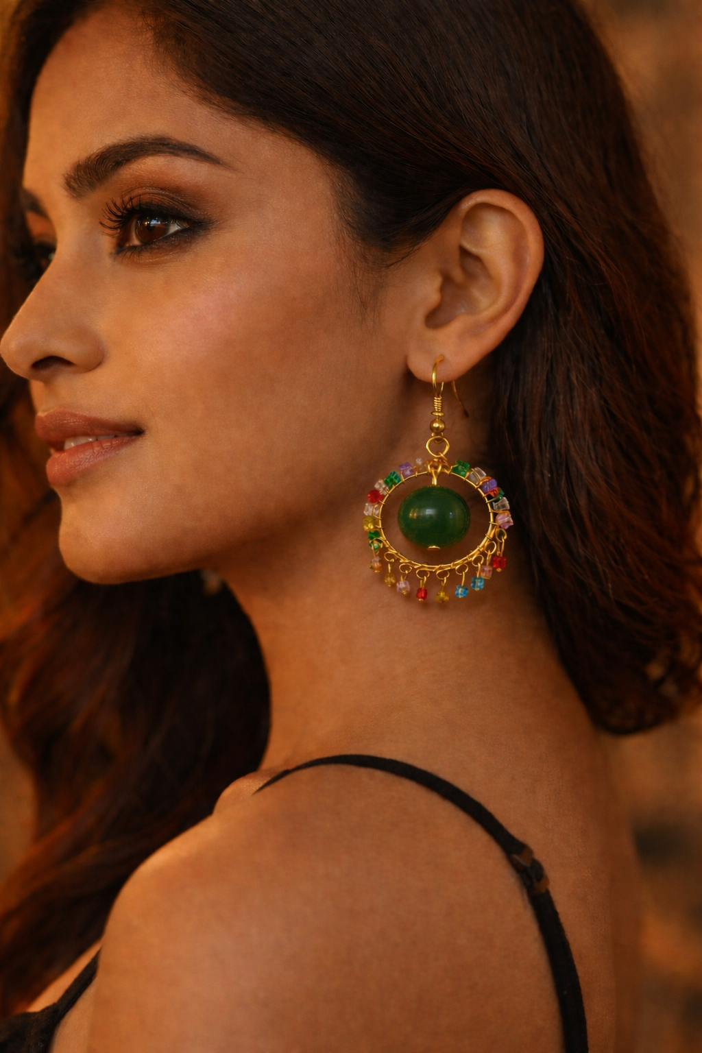 Handcrafted Multicolour Beaded Hoop Earrings with Green Stone
