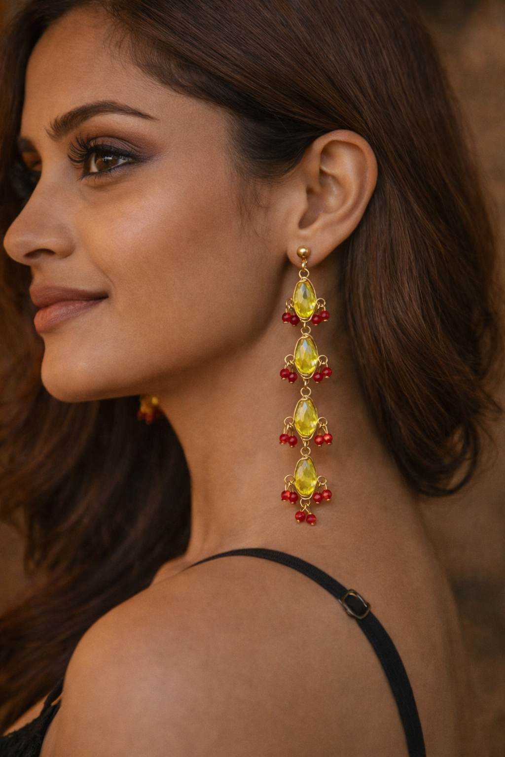Handcrafted Yellow Crystal Drop Earrings with Red Accents