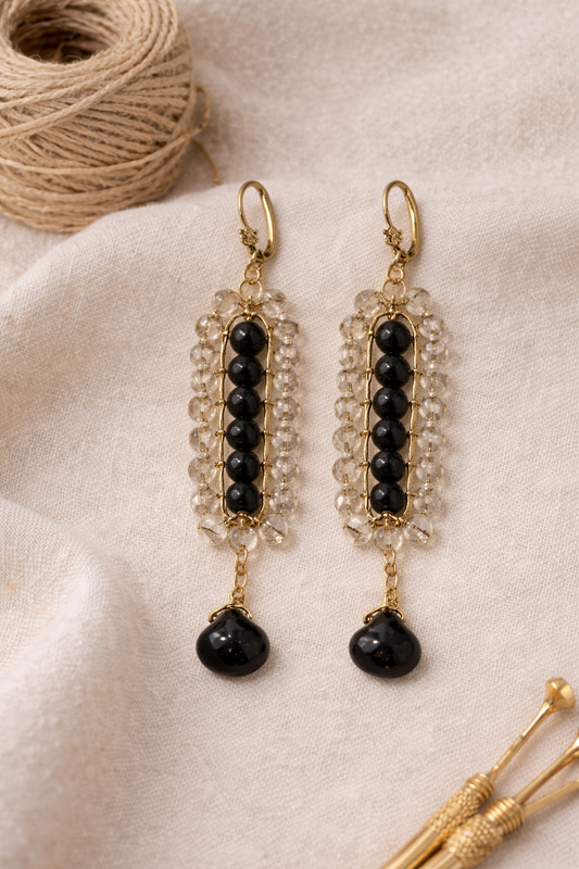 Handcrafted Black Beaded Linear Drop Earrings