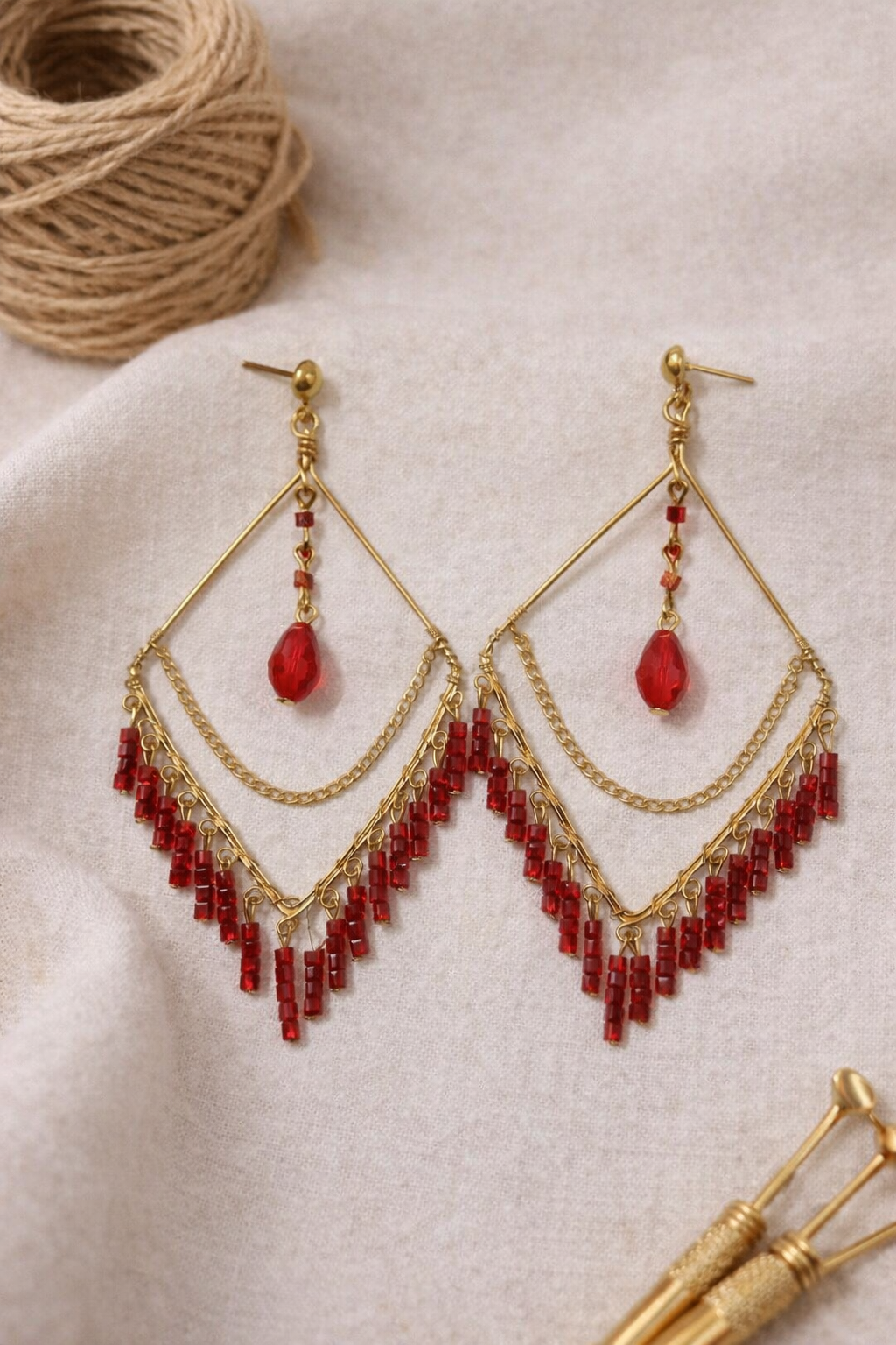 Handcrafted Red Beaded Layered Drop Earrings