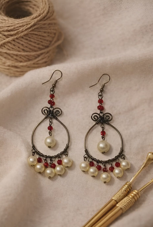 Handcrafted Pearl & Red Beaded Hoop Drop Earrings