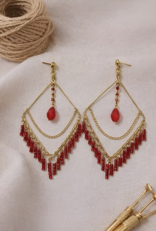 Handcrafted Red Beaded Layered Drop Earrings
