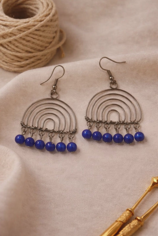 Layered Arc Earrings with Blue Bead Drops