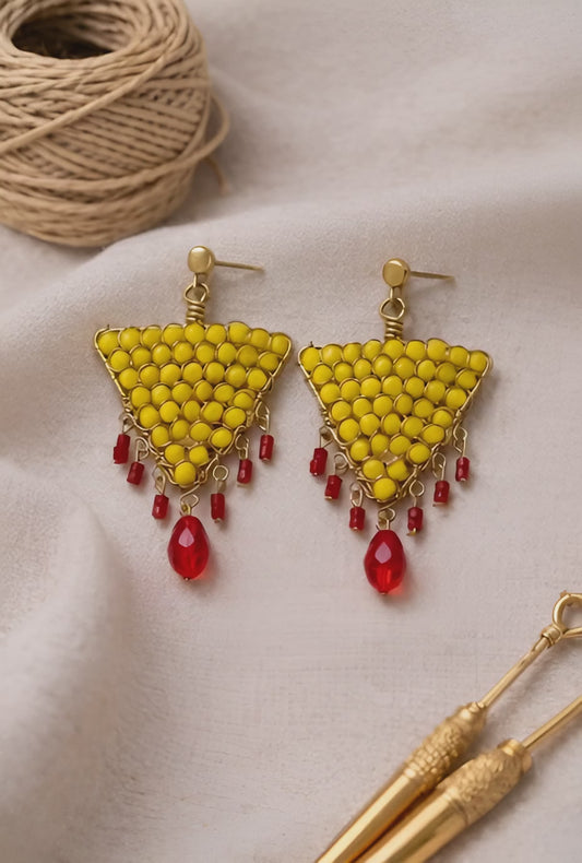 Handcrafted Yellow Beaded Triangle Earrings with Red Drops