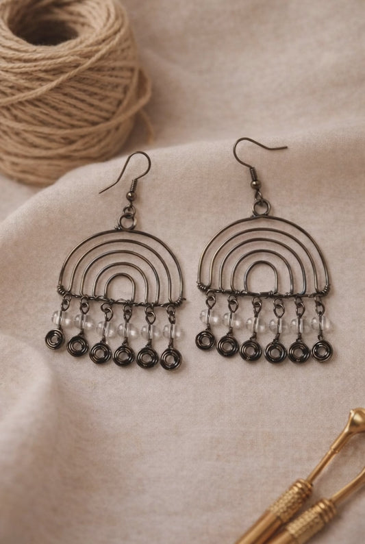Layered Arc Handcrafted Earrings with Clear Bead & Coil Drops