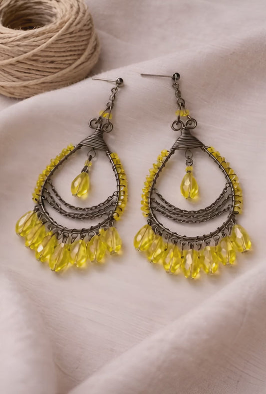 Handcrafted Yellow Crystal Layered Drop Earrings