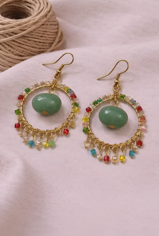 Handcrafted Multicolour Beaded Hoop Earrings with Green Stone