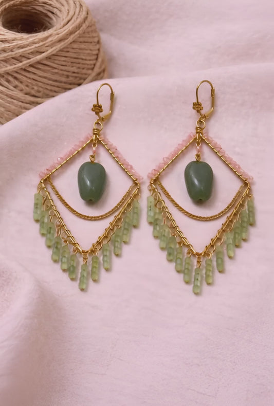 Handcrafted Green Stone Layered Drop Earrings