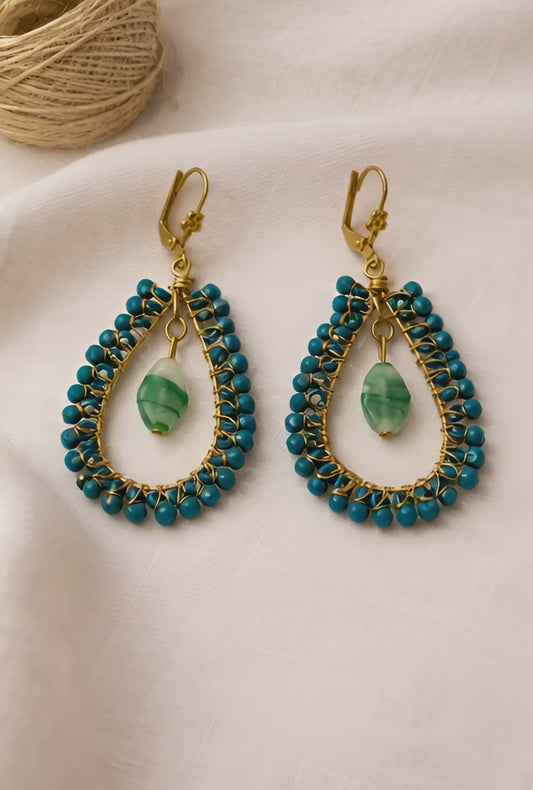 Handcrafted Teal Beaded Hoop Earrings with Green Stone Drop