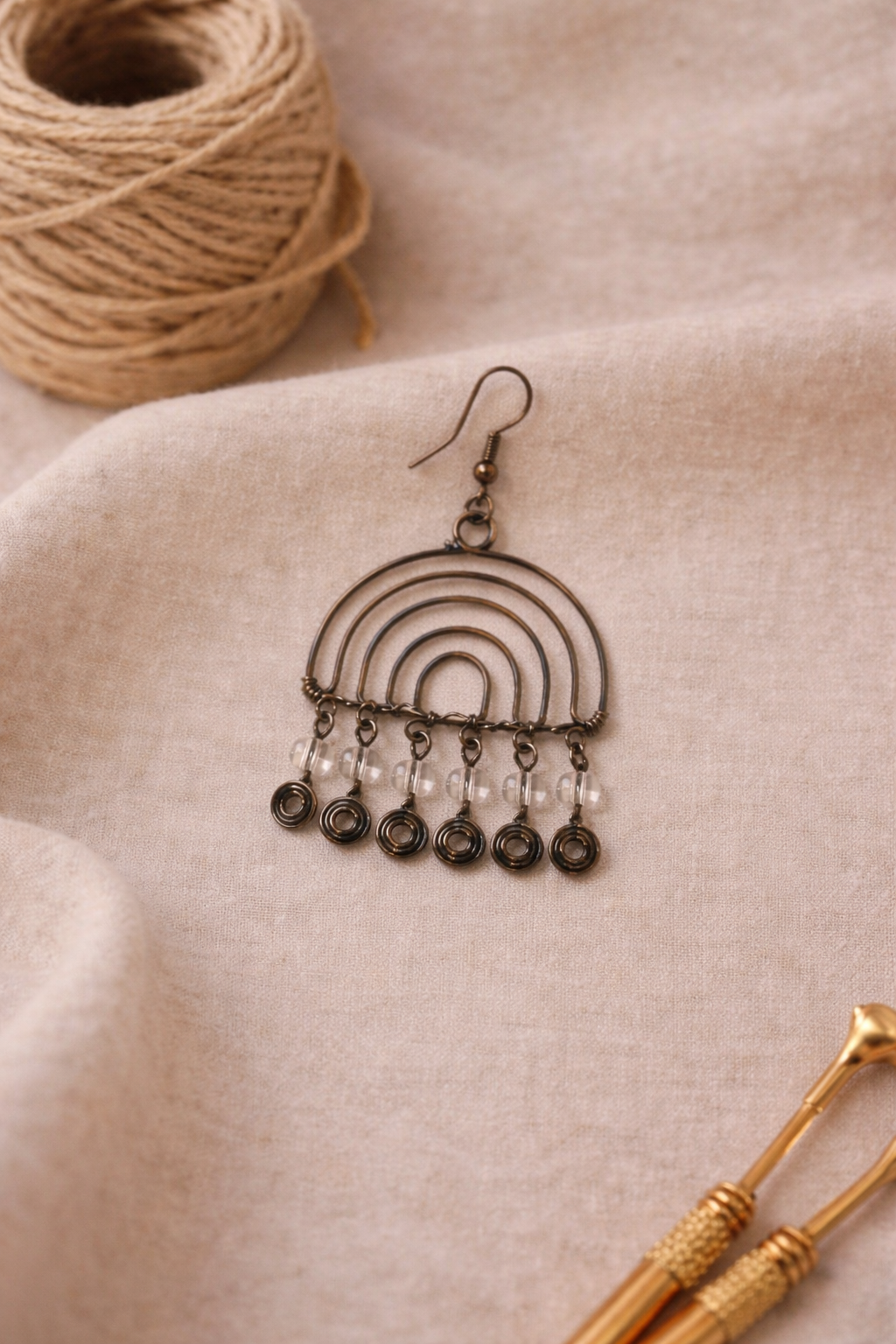 Layered Arc Handcrafted Earrings with Clear Bead & Coil Drops