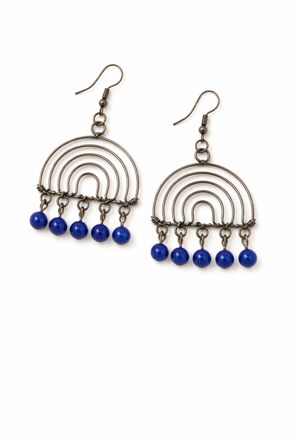 Layered Arc Earrings with Blue Bead Drops