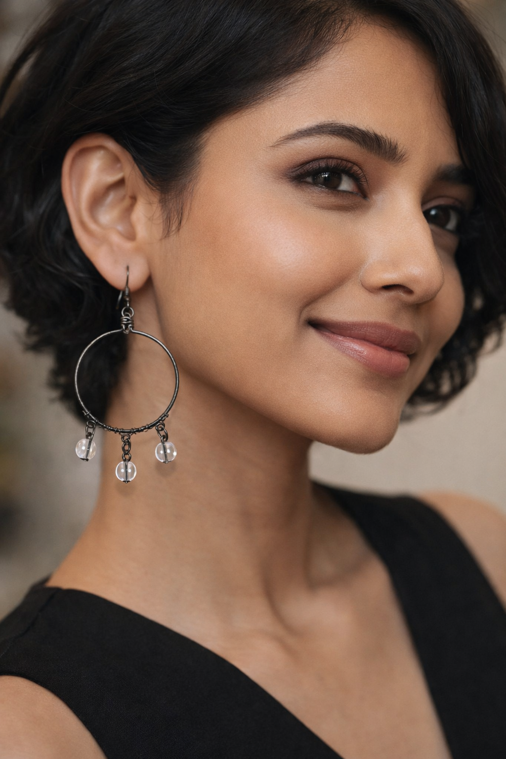 Minimal Hoop Drop Earrings with Clear Bead Accents