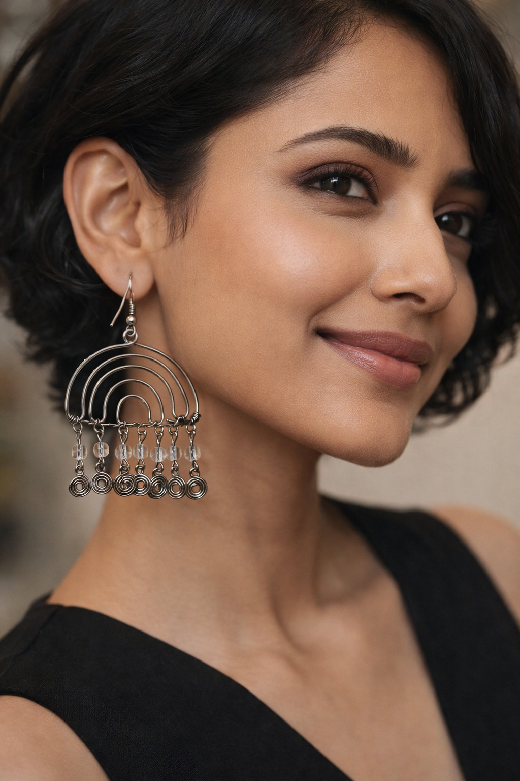 Layered Arc Handcrafted Earrings with Clear Bead & Coil Drops