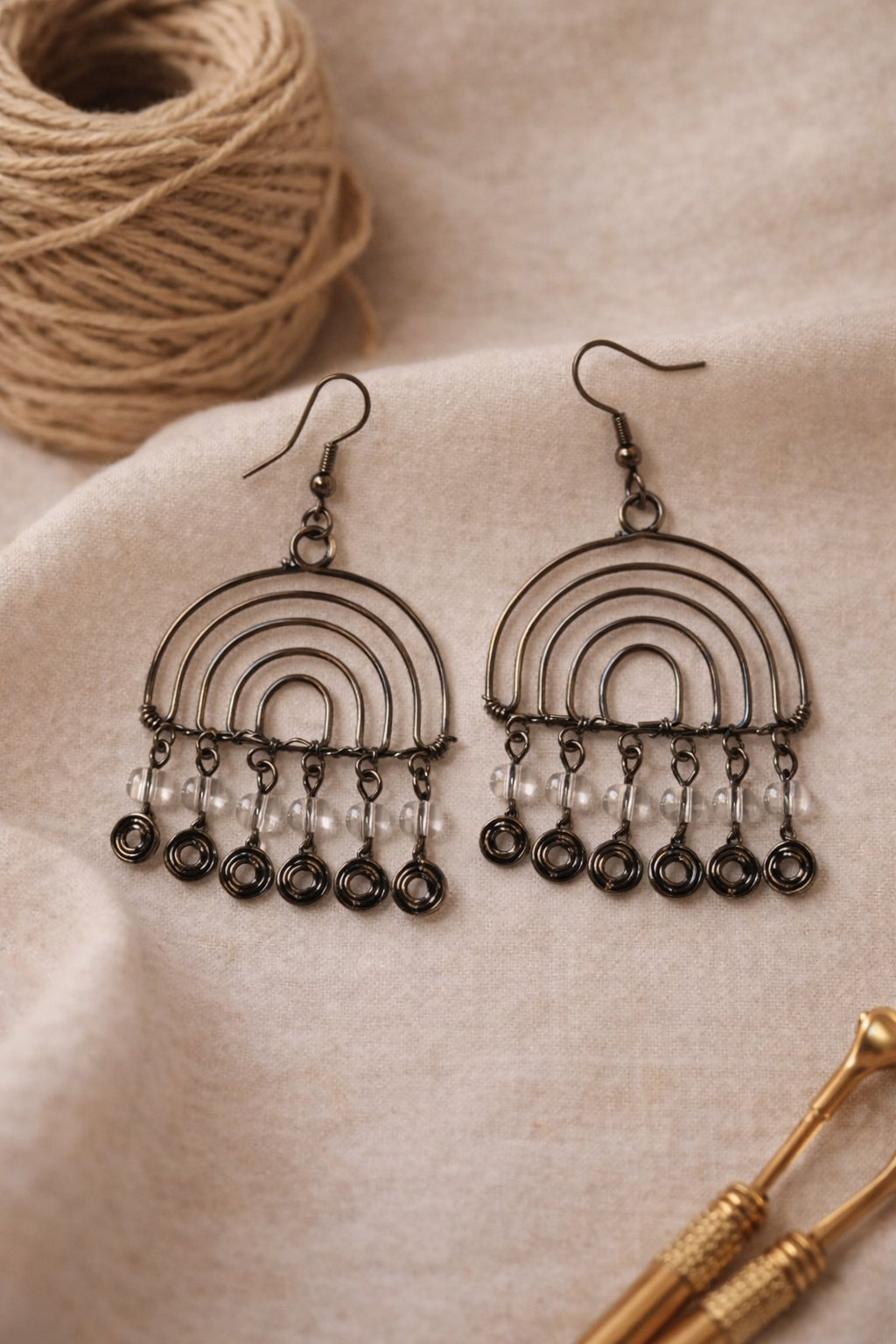 Layered Arc Handcrafted Earrings with Clear Bead & Coil Drops
