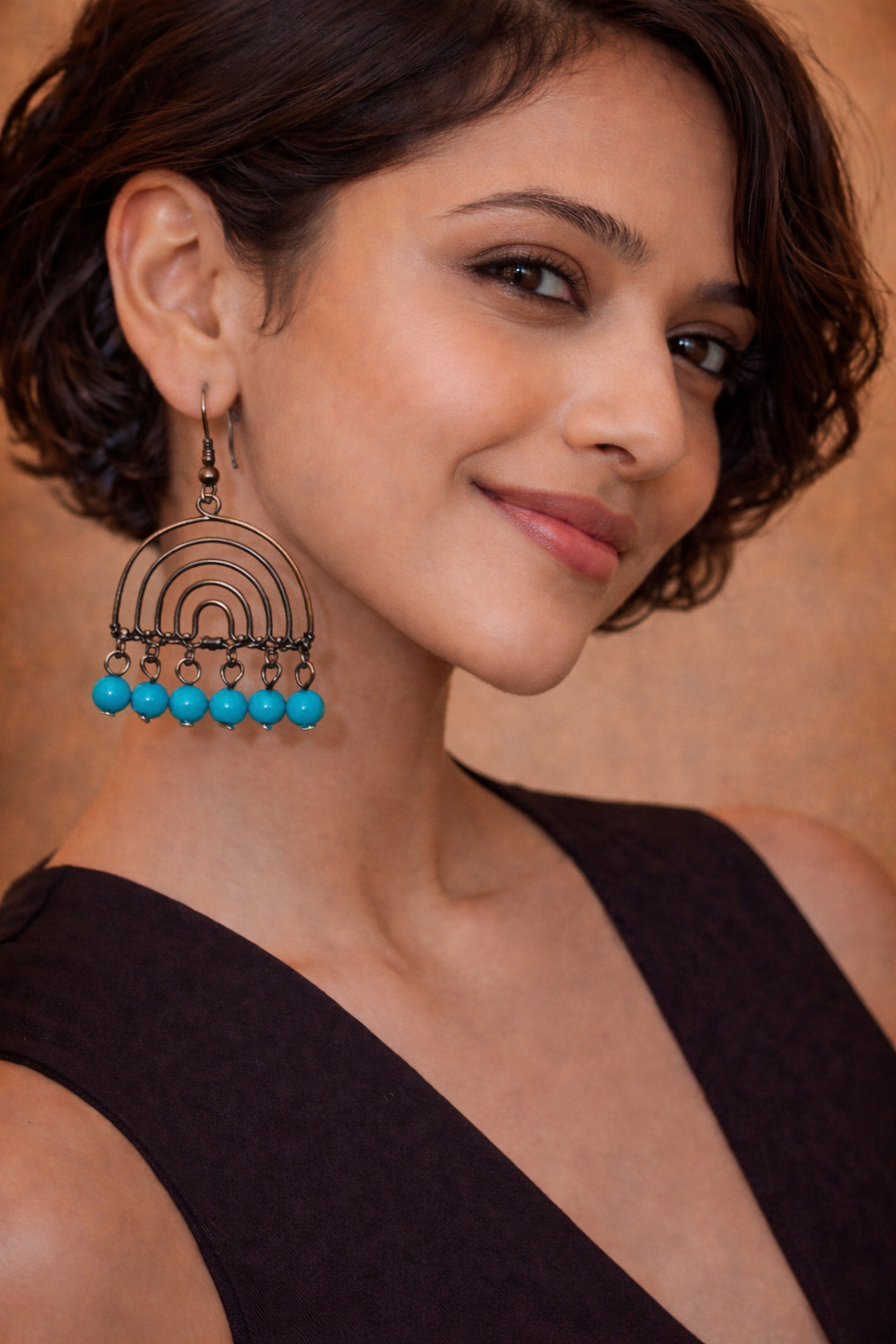 Handcrafted Arc Drop Earrings with Blue Bead Accents