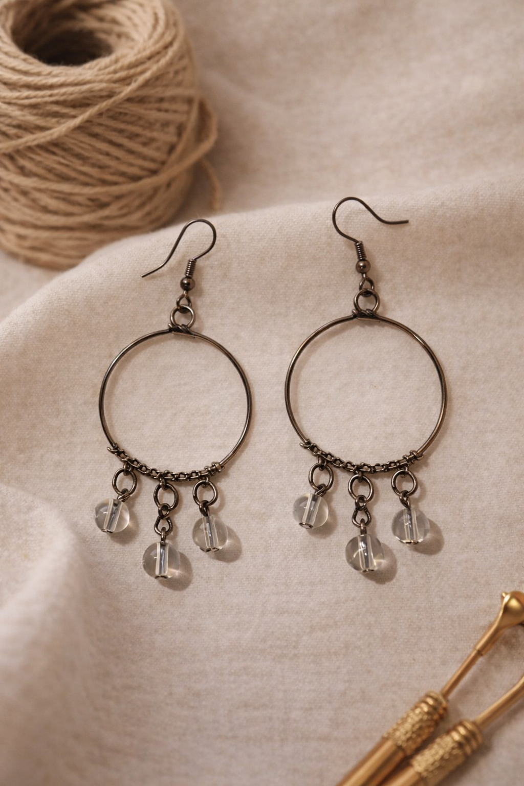 Minimal Hoop Drop Earrings with Clear Bead Accents