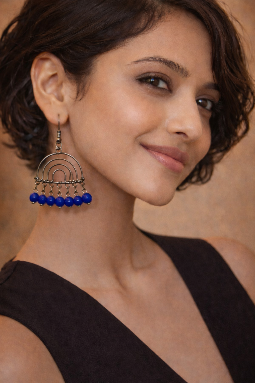 Layered Arc Earrings with Blue Bead Drops